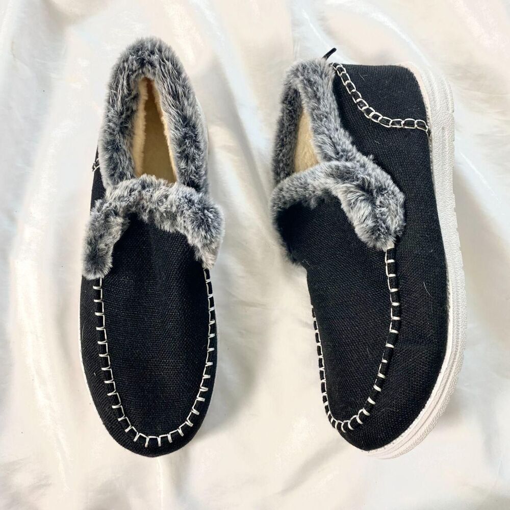 NEW Black Gray Fur Lined Moccasin Winter Shoes House Slippers US 9
